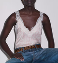 Lace Trim V Neck Pink Paisley Print Satin Cami Tank Top